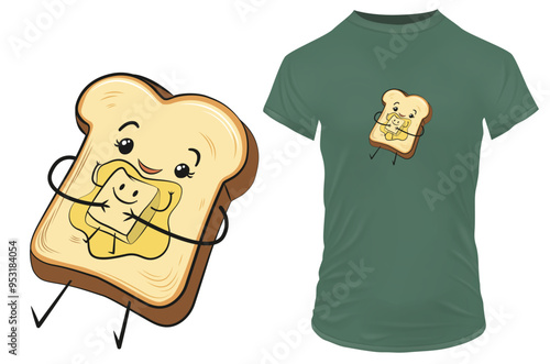 Funny cartoon of a happy bread slice in a plate hugging butter. Vector illustration for tshirt, website, clip art, poster and print on demand merchandise.