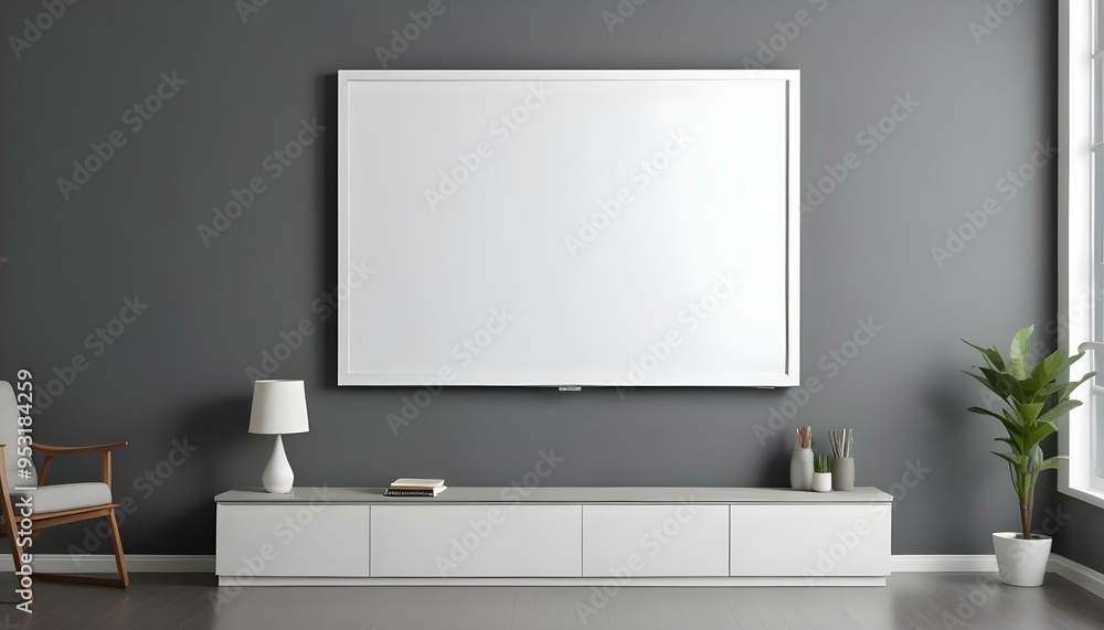 A large white framed canvas or projection screen mounted on a gray wall above a modern gray cabinet or entertainment. A large white framed canvas or projection screen mounted on a gray wall above a modern gray cabinet or entertainment.