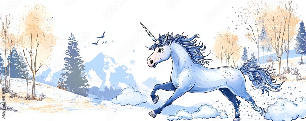 A whimsical blue unicorn galloping through a snowy landscape, surrounded by trees and mountains, evoking magic and beauty. A whimsical blue unicorn galloping through a snowy landscape, surrounded by trees and mountains, evoking magic and beauty.