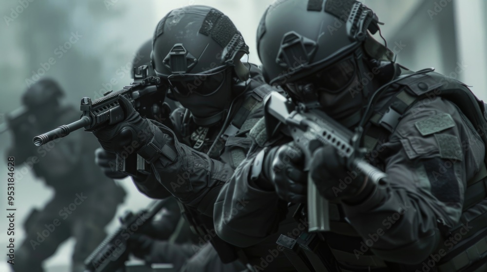 Group of men in military gear holding guns, ready for action Group of men in military gear holding guns, ready for action