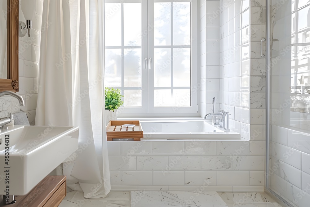 Obraz premium A clean and tidy bathroom with white tiles, a bathtub in the center of the room, a wooden tray on top to hold items, 