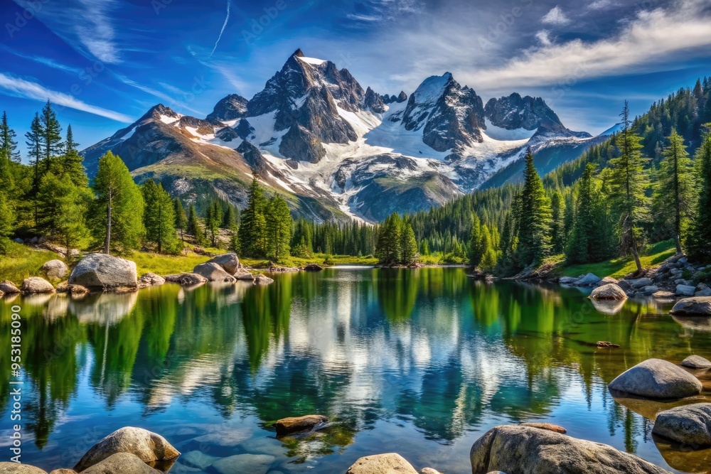 Fototapeta premium Snow-capped mountain peaks rise majestically above a serene alpine lake surrounded by lush green forests and rugged granite boulders under a crystal-clear blue sky.