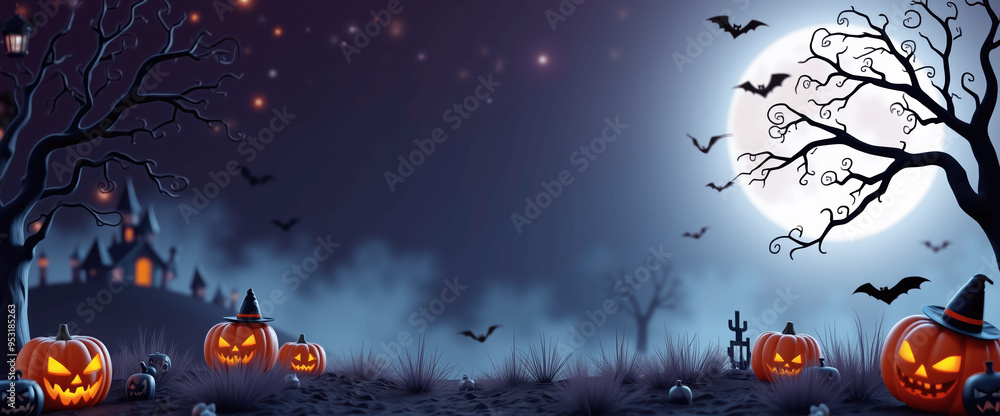 Spooky Halloween Night with Jack-o'-lanterns and Full Moon, 3D Render Spooky Halloween Night with Jack-o'-lanterns and Full Moon, 3D Render