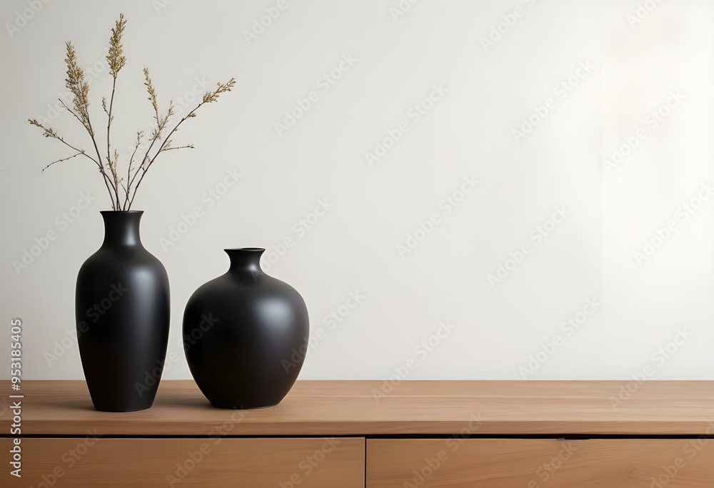 Two black ceramic vases on a wooden shelf against a plain background. Two black ceramic vases on a wooden shelf against a plain background.