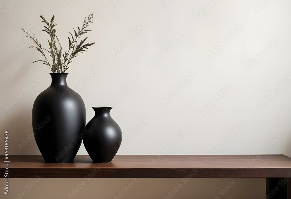 Two black ceramic vases on a wooden shelf against a plain background. Two black ceramic vases on a wooden shelf against a plain background.