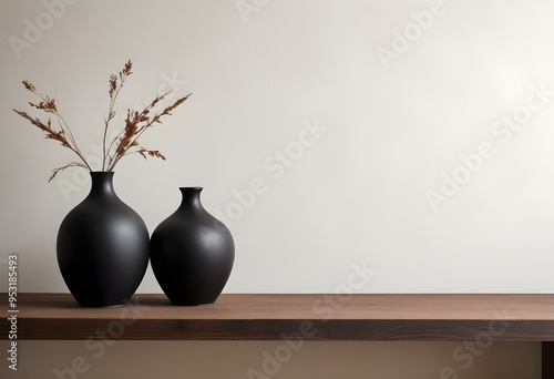 Two black ceramic vases on a wooden shelf against a plain background.