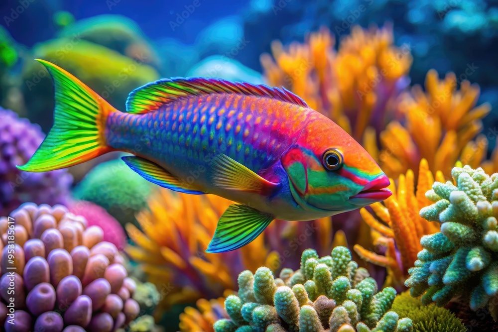 Fototapeta premium Strikingly Colorful Wrasse Tropical Fish Swimming Gracefully In A Vibrant Underwater Reef Ecosystem