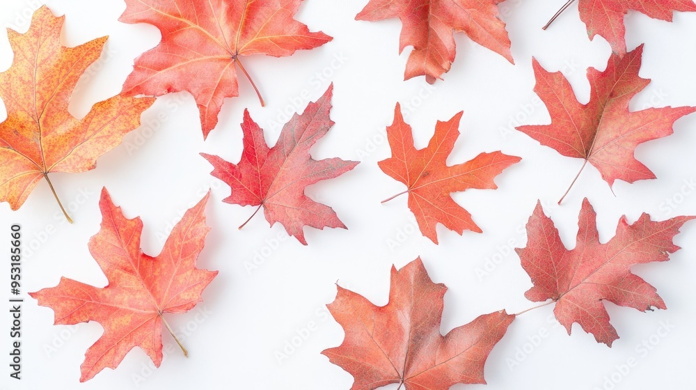 A collection of vibrant red and orange maple leaves on a white background. A collection of vibrant red and orange maple leaves on a white background.