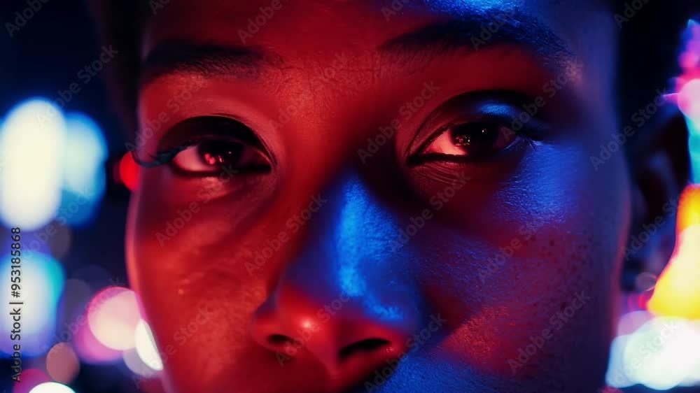 Close up of a woman's face illuminated by changing lights. Her intense gaze follows the camera, creating a captivating and mysterious atmosphere Close up of a woman's face illuminated by changing lights. Her intense gaze follows the camera, creating a captivating and mysterious atmosphere