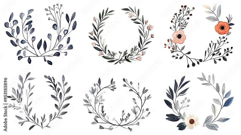 Fototapeta premium Minimalistic botanical wedding frame elements, including wreaths, flowers, and leaf branches in a hand-drawn pattern