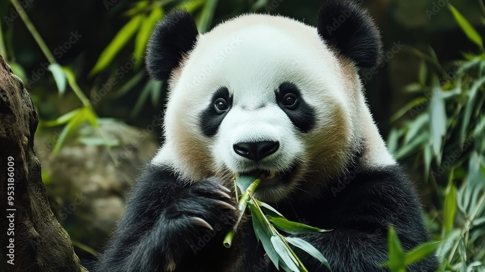 A panda bear munching on bamboo, showcasing the gentle and endearing qualities of this beloved animal. A panda bear munching on bamboo, showcasing the gentle and endearing qualities of this beloved animal.