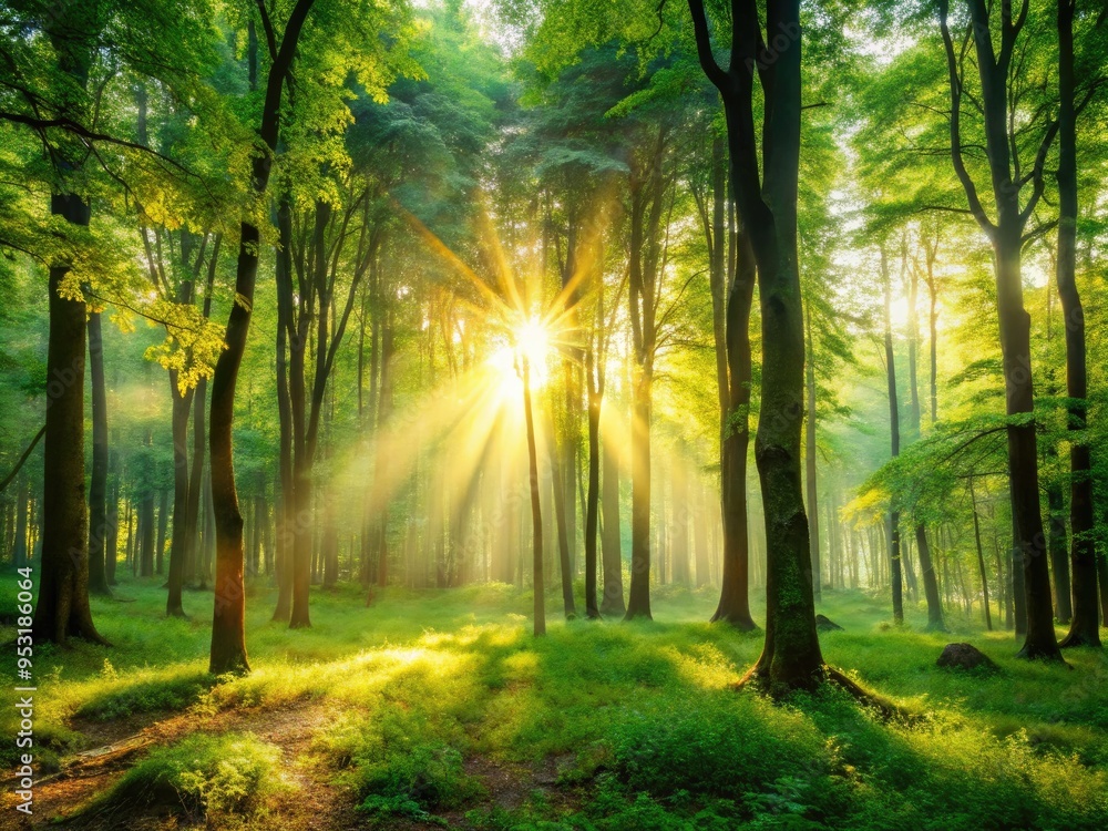 Obraz premium Tranquil Forest Scene With Sunlight Filtering Through Trees, Creating A Serene And Natural Background For Your Desktop.