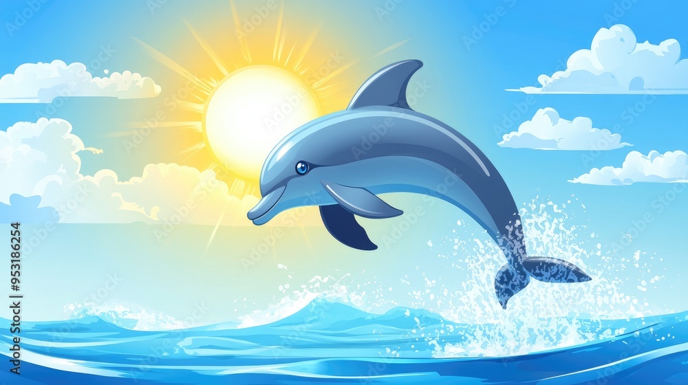 A playful cartoon dolphin jumping out of the water, splashing in the ocean, with a bright sun in the sky. A playful cartoon dolphin jumping out of the water, splashing in the ocean, with a bright sun in the sky.