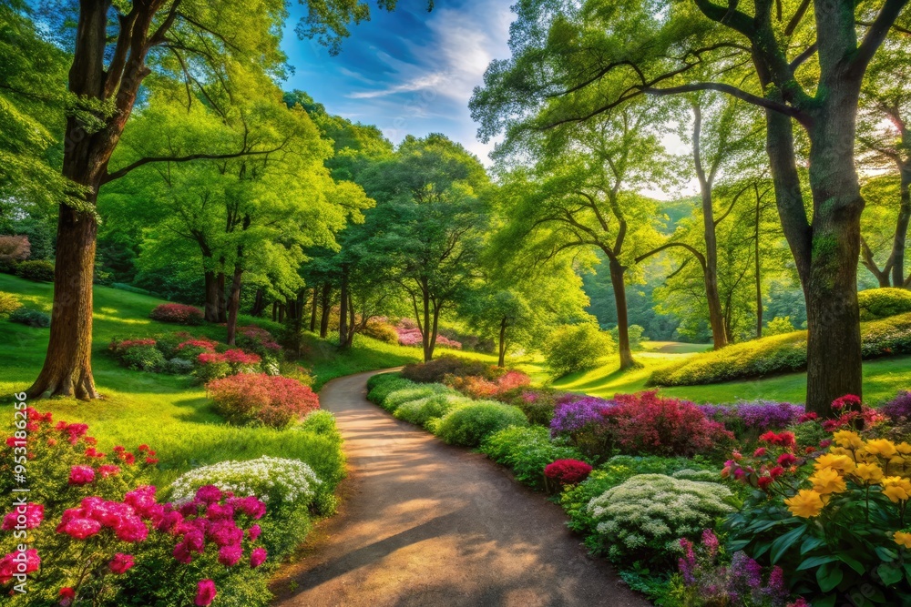 Tranquil View Of A Lush Green Nature Reserve With Vibrant Flowers, Towering Trees, And A Winding Path Leading Through The Serene Landscape. Tranquil View Of A Lush Green Nature Reserve With Vibrant Flowers, Towering Trees, And A Winding Path Leading Through The Serene Landscape.