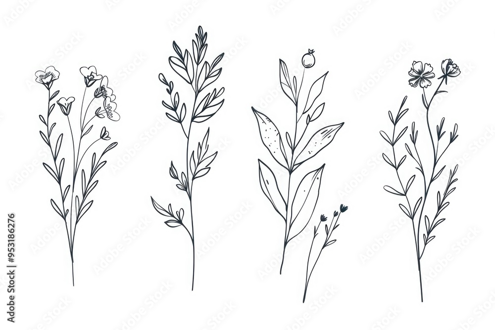 Simple illustration of various flowers on a white background, great for use in educational materials or as a design element Simple illustration of various flowers on a white background, great for use in educational materials or as a design element