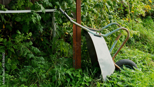 Garden wheelbarrow against the backdrop of greenery slowly swaying in the wind photo