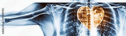 An artistic x-ray image showcasing a heart within a human chest, symbolizing life, love, and vitality.