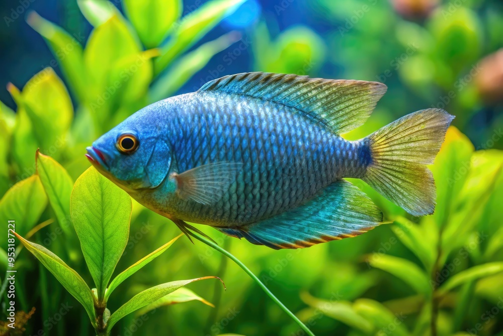 Vibrant blue dwarf gourami fish with iridescent scales swims amidst lush green aquatic plants in a serene and well-maintained freshwater aquarium environment. Vibrant blue dwarf gourami fish with iridescent scales swims amidst lush green aquatic plants in a serene and well-maintained freshwater aquarium environment.