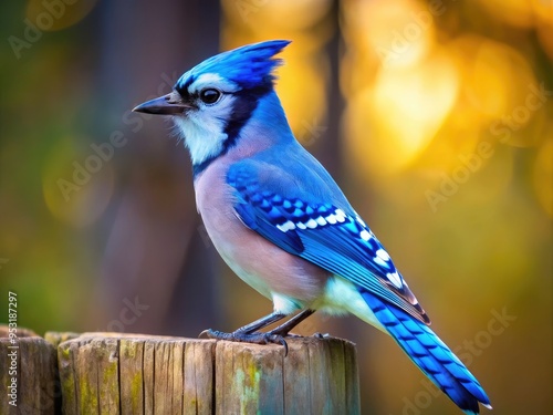 Vibrant blue jay perches on a wooden fence post, showcasing its bright blue and white feathers, with a bold crest and inquisitive gaze.