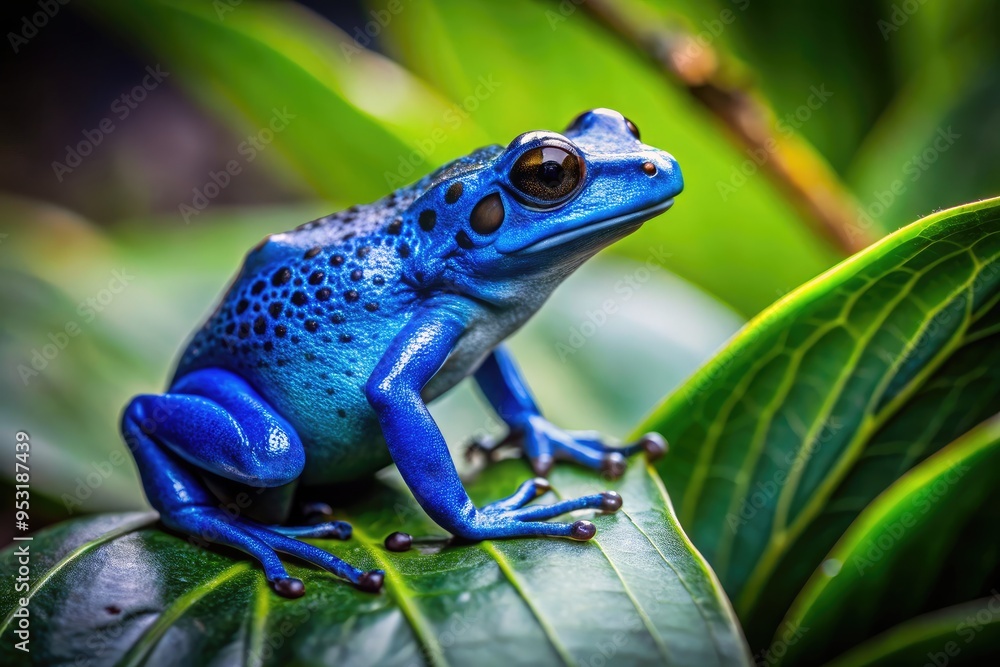 Obraz premium Vibrant blue poison dart frog perches on a lush green leaf, its toxic secretions glistening on its back, amidst a misty rainforest environment.