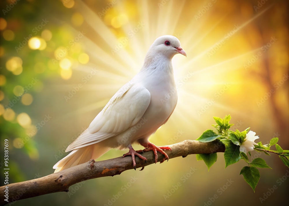 Obraz premium A serene white dove perches on a delicate branch, feathers softly illuminated by warm sunlight, conveying peace, hope, and harmony in a serene natural setting.