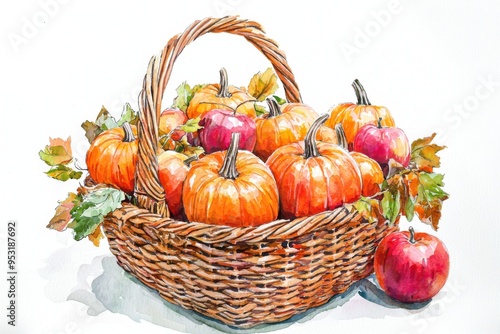 A beautifully arranged basket filled with vibrant pumpkins and a fresh apple, perfect for autumn-themed visuals.