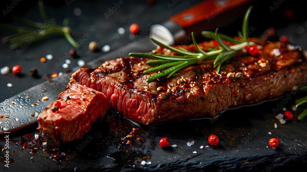 The image shows a grilled beef steak with spices on a knife on a stone background with space for your text. The image shows a grilled beef steak with spices on a knife on a stone background with space for your text.