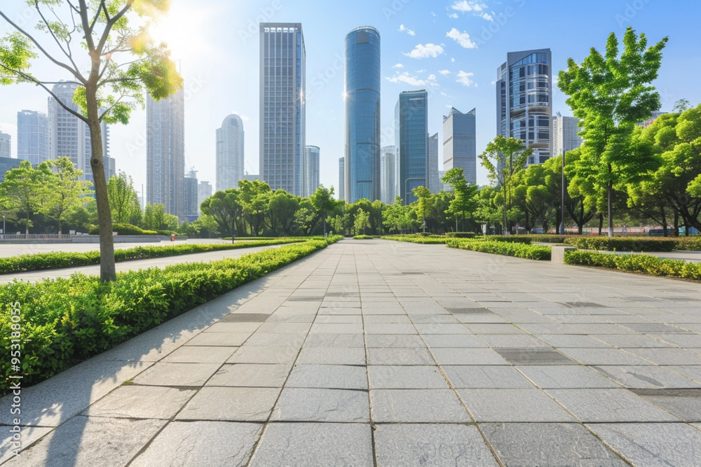 Modern cityscape with tall skyscrapers and a spacious, tree-lined walkway in a green urban park, bathed in bright sunlight under a clear blue sky Modern cityscape with tall skyscrapers and a spacious, tree-lined walkway in a green urban park, bathed in bright sunlight under a clear blue sky