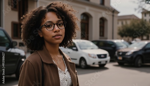 Portrait of a beautiful young african american woman in eyeglasses outdoors. ai generative