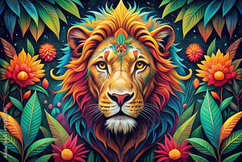 Vibrant, colorful poster featuring a majestic lion's head in bold graphics, surrounded by jungle leaves and vines, perfect for wildlife enthusiasts and nature lovers.