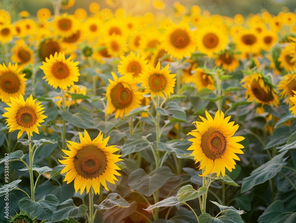 Fototapeta premium Golden Hour Glows: A Glimpse into the Sunflower Fields at Sunset