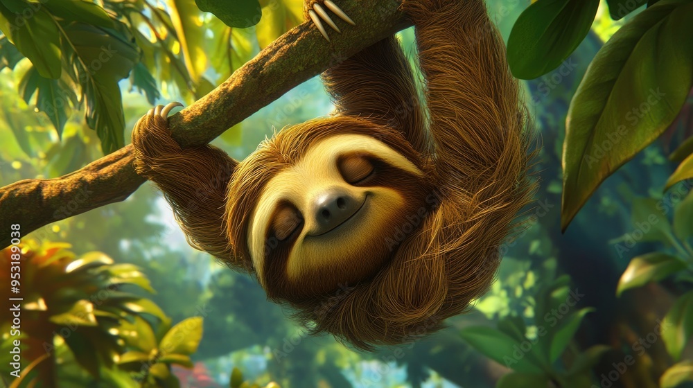 A sleepy cartoon sloth hanging upside down from a tree branch, with a dreamy expression and tropical surroundings A sleepy cartoon sloth hanging upside down from a tree branch, with a dreamy expression and tropical surroundings