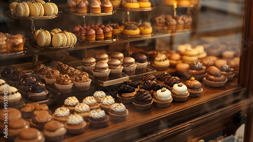 Assorted pastries and desserts in a bakery display case