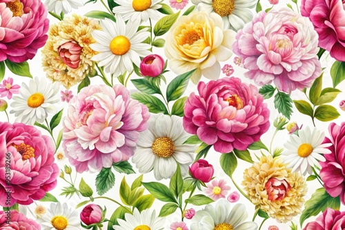 Vibrant floral pattern with blooming peonies, daisies, and roses on a white background, seamlessly repeating to create an elegant and timeless design element.