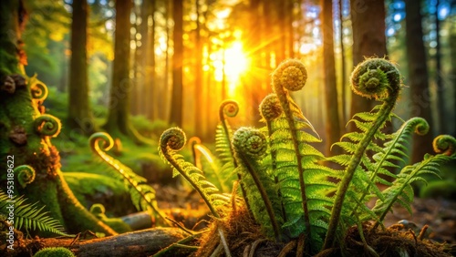 Vibrant green fern fronds unfurl from a moss-covered forest floor, delicate tendrils curled around ancient tree roots in warm, soft, golden morning light.