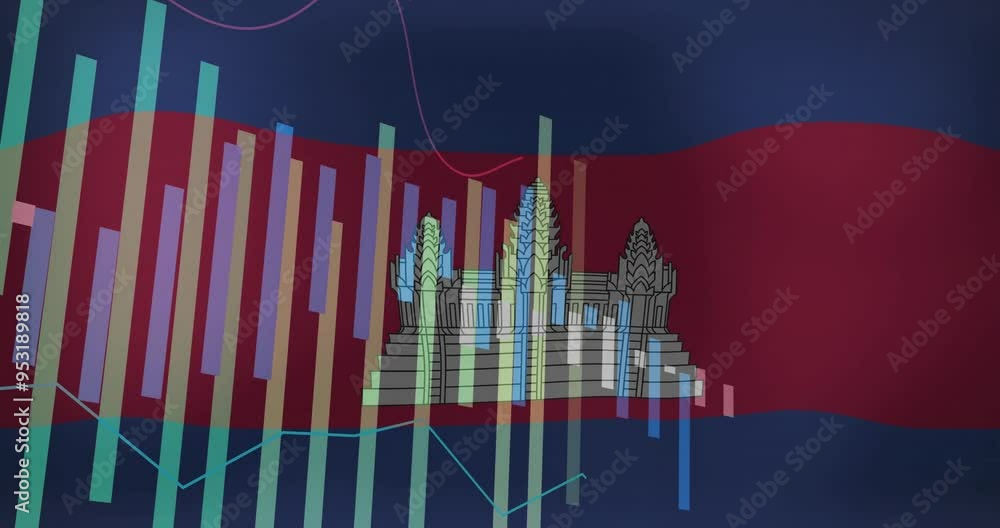 Financial data processing animation over Cambodian flag with Angkor Wat illustration Financial data processing animation over Cambodian flag with Angkor Wat illustration