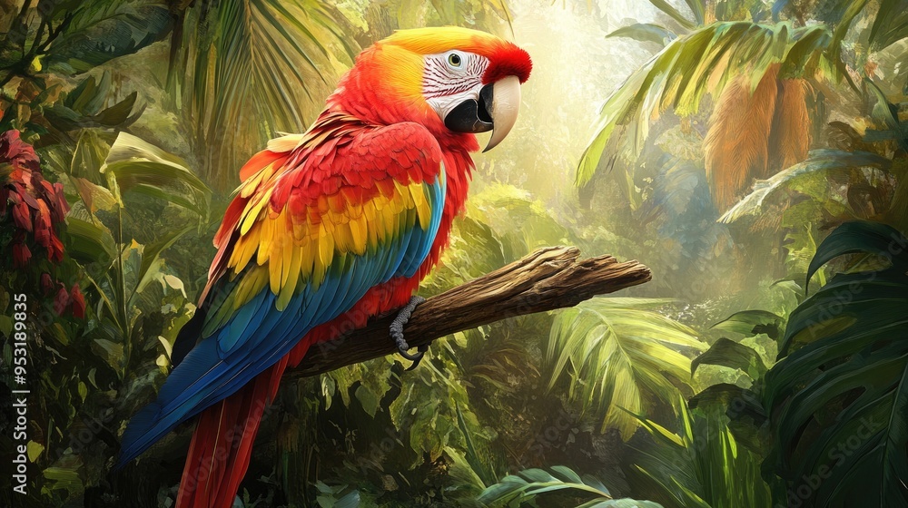 A vibrant parrot perched on a branch, displaying its colorful feathers and lively personality in a tropical setting. A vibrant parrot perched on a branch, displaying its colorful feathers and lively personality in a tropical setting.