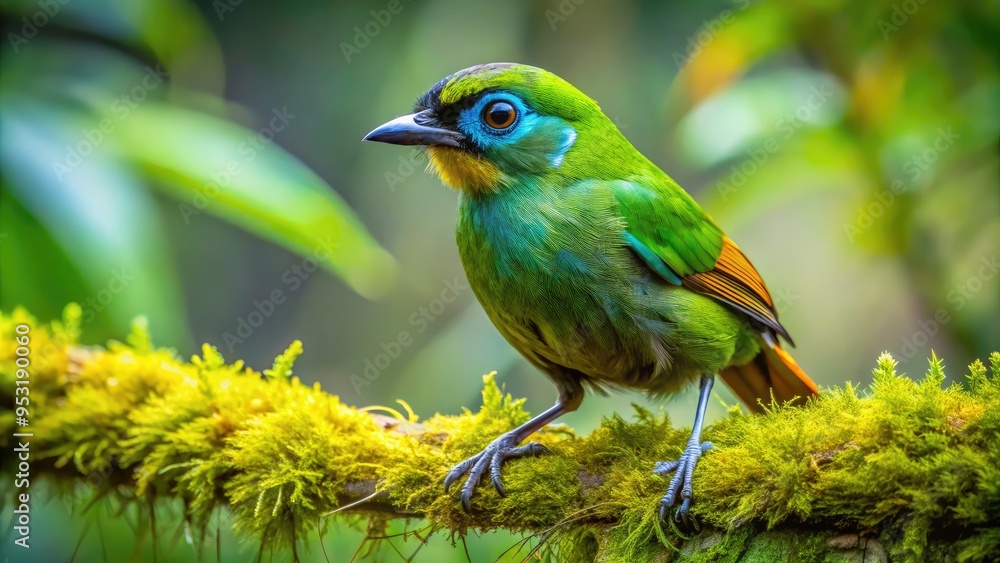 Obraz premium Vibrant green plumage and distinctive crest adorn this Xenops bird perched on a moss-covered branch, its large dark eyes scanning the lush rainforest undergrowth.