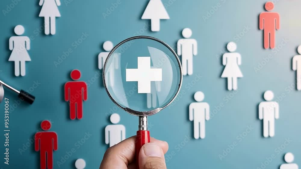 A magnifying glass with a plus sign is held over a group of figures, highlighting one in red A magnifying glass with a plus sign is held over a group of figures, highlighting one in red
