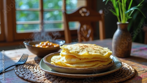 Roti Canai with Fragrant Curry on a Rustic Table in a Sunlit, Culturally Rich Setting photo