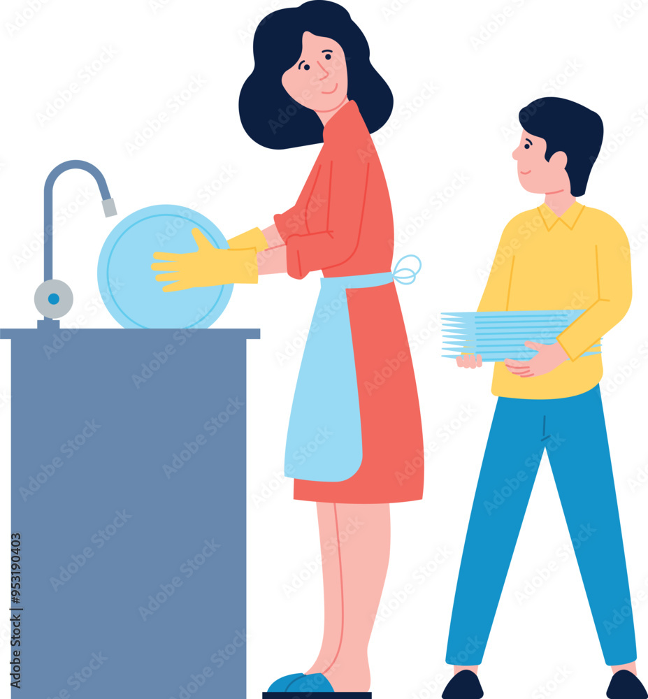 Son and mom washing dishes together. Household chores Son and mom washing dishes together. Household chores