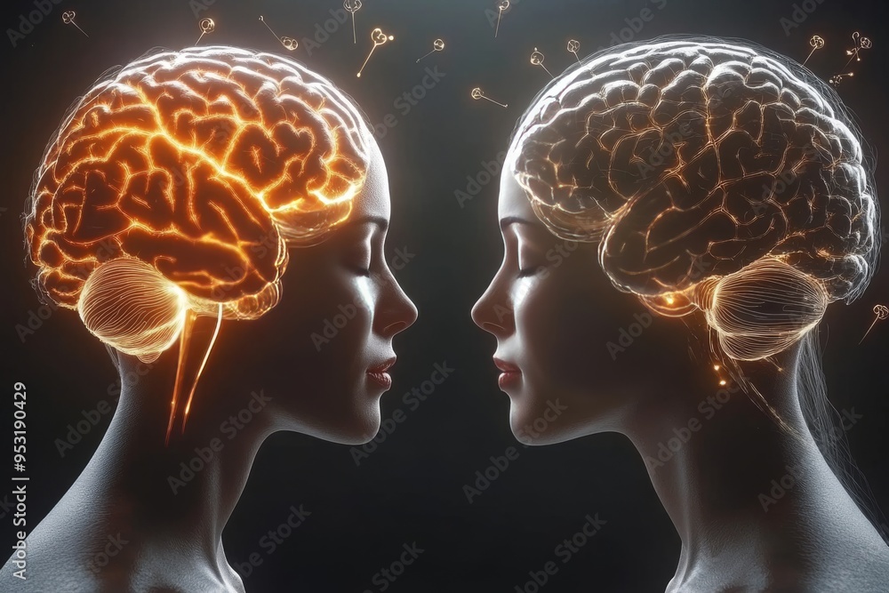 Obraz premium Dual glowing brain profiles of a couple symbolizing the intellectual connection and shared thoughts in a modern urban setting