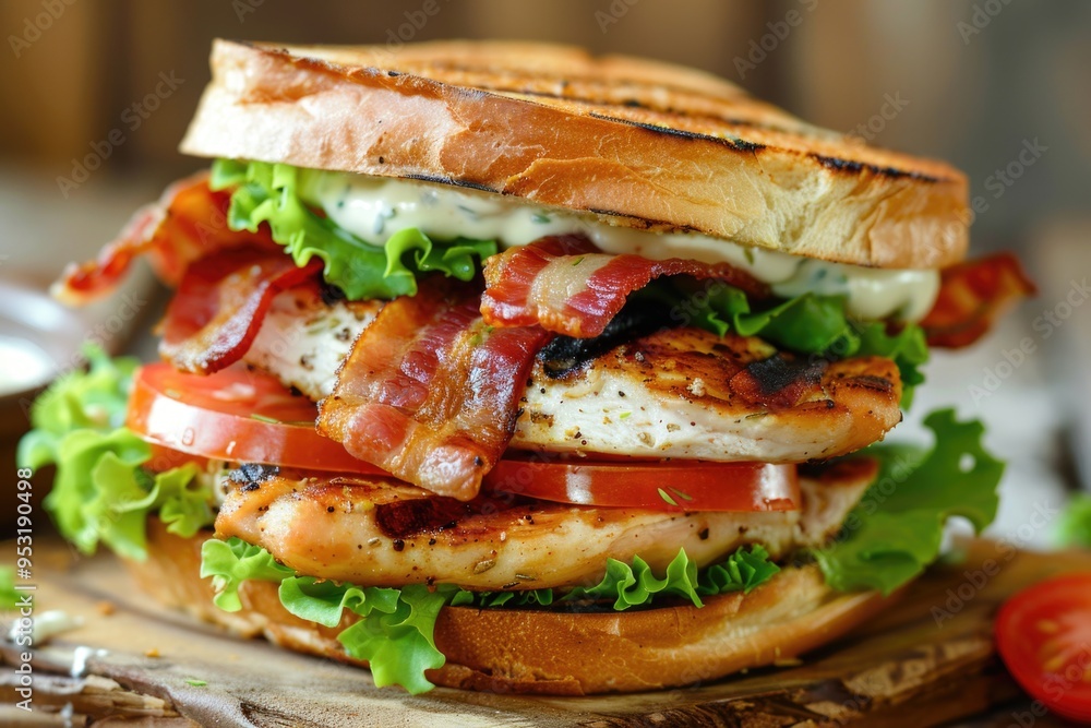 Freshly made sandwich with various fillings on a clean cutting board, perfect for food and meal photography Freshly made sandwich with various fillings on a clean cutting board, perfect for food and meal photography