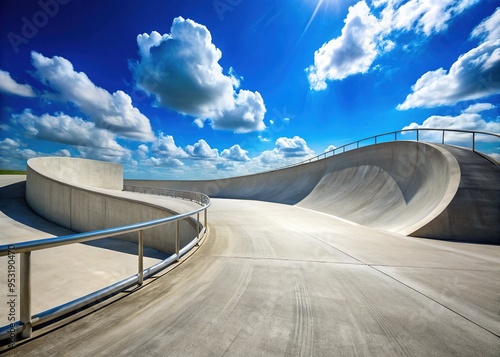 A sleek, curved concrete ramp stands against a bright blue sky, awaiting the arrival of wheels and thrill-seekers seeking adrenaline-fueled adventure and aerial stunts. photo