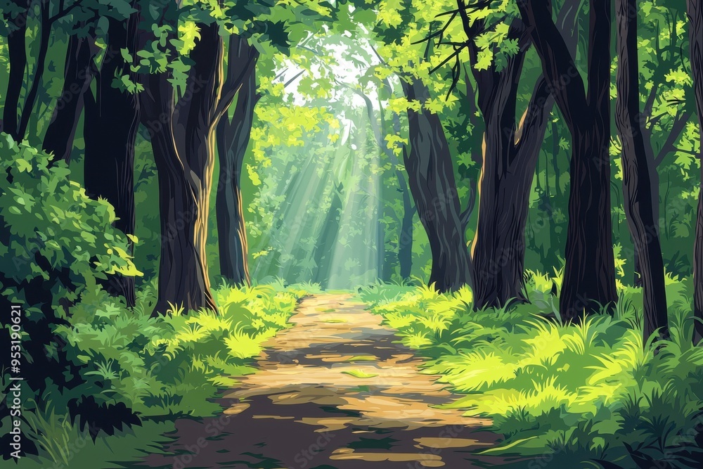 Naklejka premium A serene woodland path illuminated by gentle sunlight, surrounded by lush greenery and vibrant foliage, perfect for nature lovers.