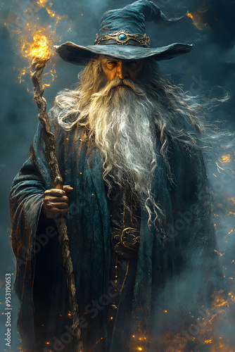 A fantasy wizard with long white beard