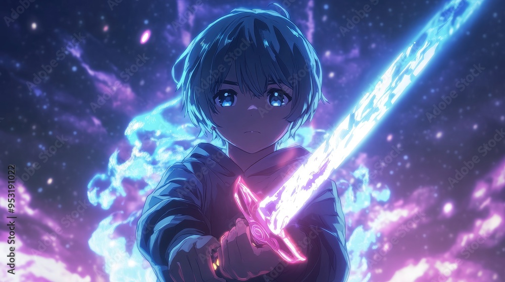 Obraz premium An anime-style character holding a glowing sword, with a magical aura surrounding them.