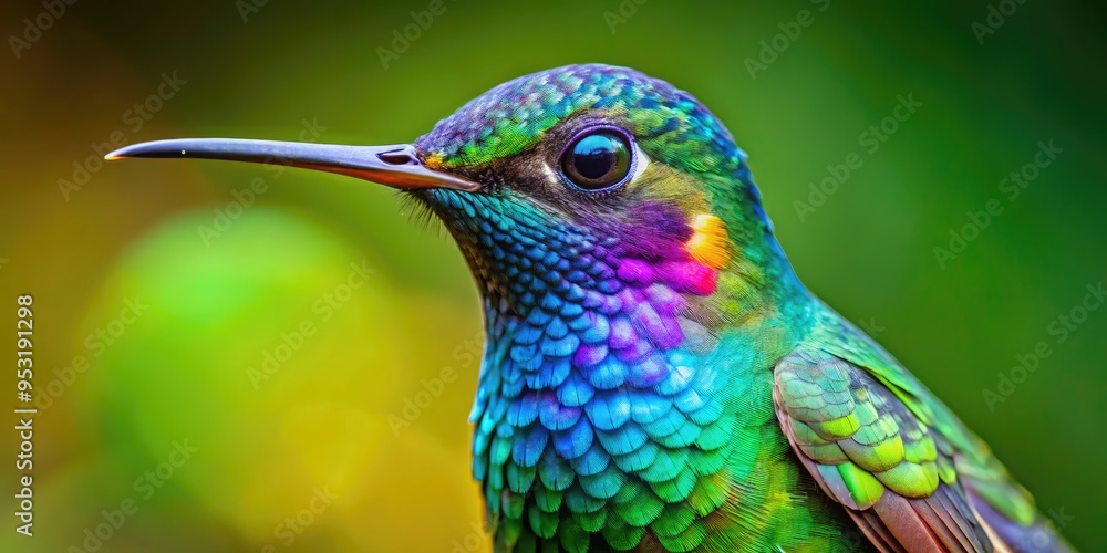 Fototapeta premium Vibrant, intricately feathered hummingbird's iridescent throat patch and tiny beak are magnified against a blurred, muted green forest background, showcasing its stunning, delicate features.