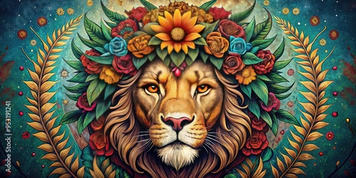 Vibrant illustration of a majestic lion's head with a colorful floral crown, surrounded by ornate patterns and stylized typography on a distressed vintage-style poster.