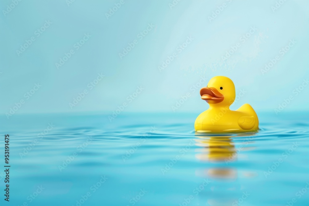 A cute yellow rubber duck floats gently on calm water. The bright color stands out against the soothing blue background. This image evokes childhood memories and joy. Generative AI A cute yellow rubber duck floats gently on calm water. The bright color stands out against the soothing blue background. This image evokes childhood memories and joy. Generative AI